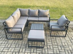 Rackhams Outdoor Garden Furniture Set Aluminium Lounge Sofa Square Coffee Table Sets with Chair Big Footstool Indoor Conservatory Set Dark Grey - thumbnail 2