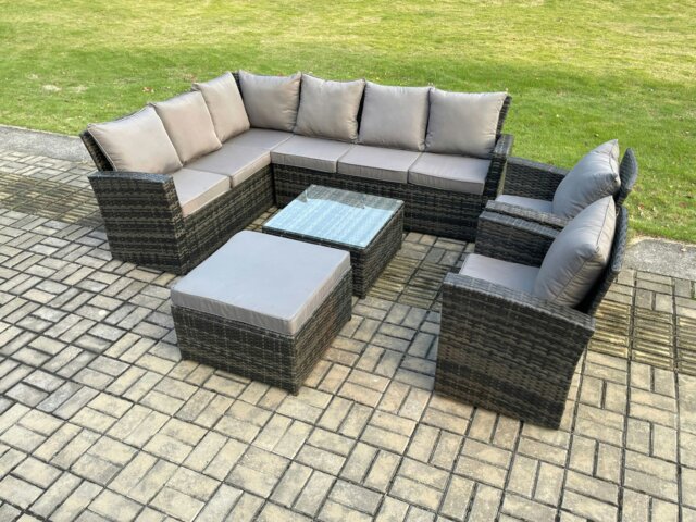 Rackhams Rattan Garden Furniture Set Outdoor Lounge Corner Sofa Set With Square Coffee Table Big Footstool 2 Armchairs 9 Seater Dark Grey Mixed - image 1