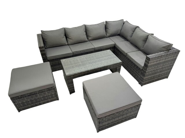 Rackhams Outdoor Rattan Oblong Coffee Table Corner Sofa Sets Garden Furniture Set with Chair 2 Big Stools Dark Grey Mixed - image 1