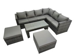 Rackhams Outdoor Rattan Oblong Coffee Table Corner Sofa Sets Garden Furniture Set with Chair 2 Big Stools Dark Grey Mixed - thumbnail 1