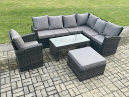 Rackhams Rattan Corner Sofa Garden Furniture Set with Big Footstool Rectangular Coffee Table Armchair with Cushion Dark Grey Mixed - thumbnail 1