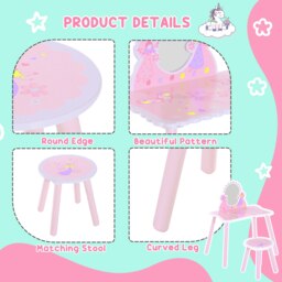 Rackhams HOOMCOM Girls Kids Pink Dressing Table Make Up Play Set Desk Chair Mirror Wooden - thumbnail 4