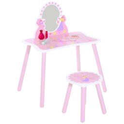 Rackhams HOOMCOM Girls Kids Pink Dressing Table Make Up Play Set Desk Chair Mirror Wooden - thumbnail 2