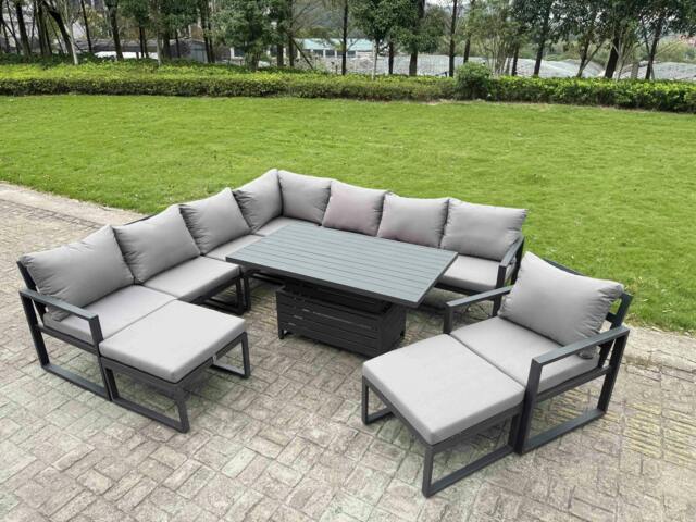 Rackhams 10 Seater Aluminium Outdoor Garden Furniture Set with Rising Dining Table, Corner Sofa, Chair & 2 Footstools - Grey