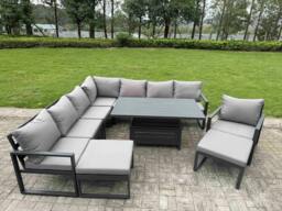 Rackhams 10 Seater Aluminium Outdoor Garden Furniture Set with Rising Dining Table, Corner Sofa, Chair & 2 Footstools - Grey - thumbnail 2