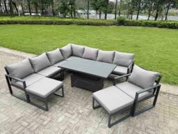 Rackhams 10 Seater Aluminium Outdoor Garden Furniture Set with Rising Dining Table, Corner Sofa, Chair & 2 Footstools - Grey - thumbnail 1