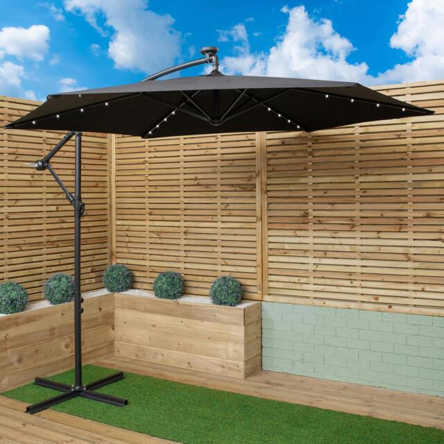Rackhams 3m Solar Powered Cantilever Lit Banana Garden Parasol with Crank Handle & White LED Lights in Black - image 1
