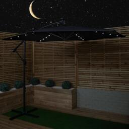 Rackhams 3m Solar Powered Cantilever Lit Banana Garden Parasol with Crank Handle & White LED Lights in Black - thumbnail 2