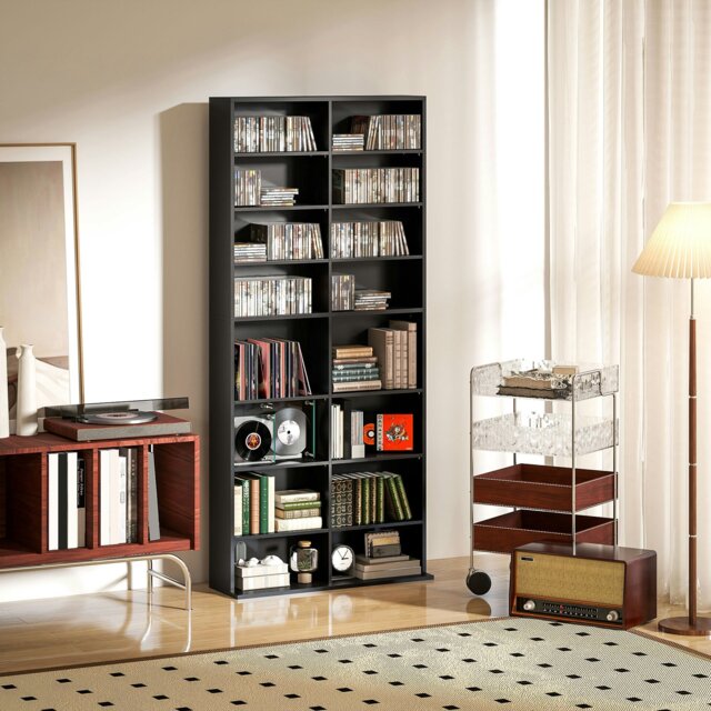 Rackhams 640 CD Storage Unit 360 DVD Storage Tower w/ 18 Compartments Black - Black - image 1