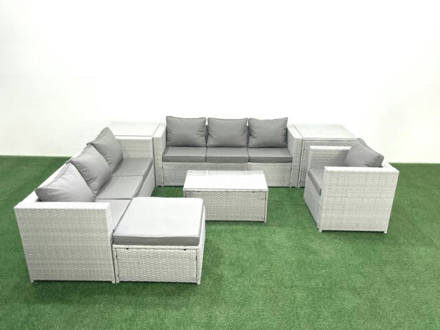 Rackhams Wicker PE Rattan Sofa Garden Furniture Set with Armchair Oblong Coffee Table Big Footstool 2 Side Tables Light Grey Mixed - image 1