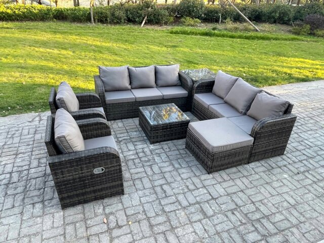 Rackhams High Back Rattan Garden Furniture Set with Square Coffee Table Big Footstool Side Table Indoor Outdoor Patio Lounge Sofa Set Dark Grey Mixed - image 1