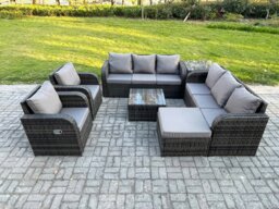 Rackhams High Back Rattan Garden Furniture Set with Square Coffee Table Big Footstool Side Table Indoor Outdoor Patio Lounge Sofa Set Dark Grey Mixed - thumbnail 2