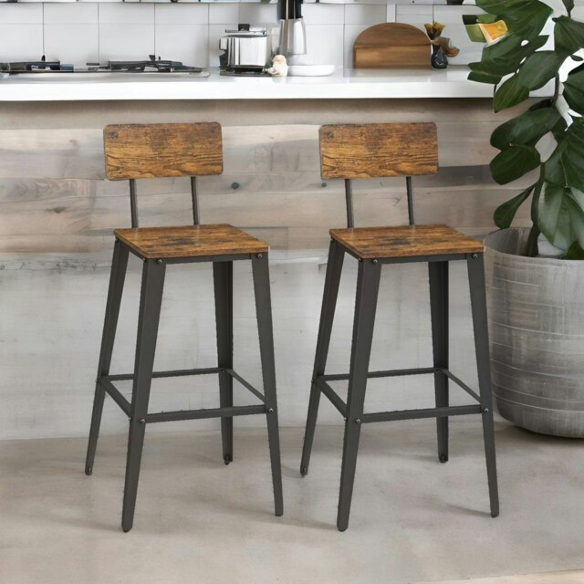 Rackhams Set of 2 Industrial Bar Stools with Backrest Brown - image 1