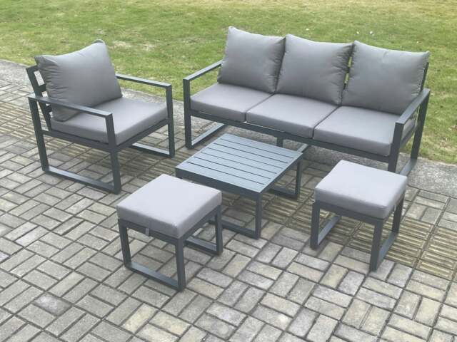 Rackhams Aluminium Outdoor Garden Furniture Set Lounge Sofa Chair Square Coffee Table Sets with 2 Small Footstools Dark Grey - image 1