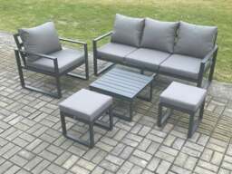 Rackhams Aluminium Outdoor Garden Furniture Set Lounge Sofa Chair Square Coffee Table Sets with 2 Small Footstools Dark Grey - thumbnail 1