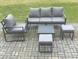 Rackhams Aluminium Outdoor Garden Furniture Set Lounge Sofa Chair Square Coffee Table Sets with 2 Small Footstools Dark Grey - thumbnail 2