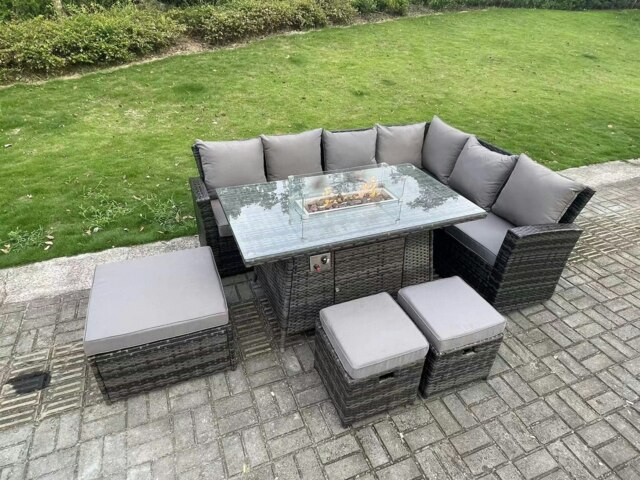 Rackhams 9 Seater?Outdoor High Back Rattan Gas Fire Pit Corner Sofa Set Garden Furniture Heater Dining Table Set Footstools Dark Grey Mixed Right Hand - image 1
