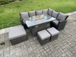 Rackhams 9 Seater?Outdoor High Back Rattan Gas Fire Pit Corner Sofa Set Garden Furniture Heater Dining Table Set Footstools Dark Grey Mixed Right Hand - thumbnail 2