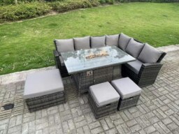 Rackhams 9 Seater?Outdoor High Back Rattan Gas Fire Pit Corner Sofa Set Garden Furniture Heater Dining Table Set Footstools Dark Grey Mixed Right Hand - thumbnail 1