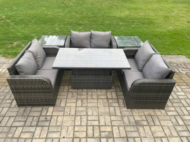 Rackhams Rattan Garden Outdoor Furniture 3 PC Love Sofa Set Patio Adjustable Rising lifting Dining Table With 2 Side Tables - image 1