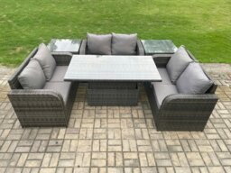 Rackhams Rattan Garden Outdoor Furniture 3 PC Love Sofa Set Patio Adjustable Rising lifting Dining Table With 2 Side Tables - thumbnail 2