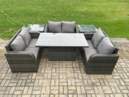 Rackhams Rattan Garden Outdoor Furniture 3 PC Love Sofa Set Patio Adjustable Rising lifting Dining Table With 2 Side Tables - thumbnail 1