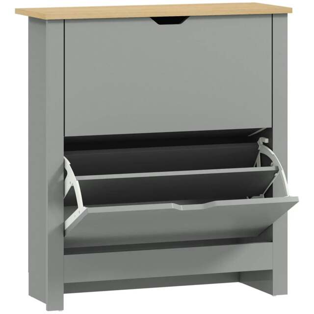 Rackhams Slim Shoe Cabinet, Narrow Shoe Cupboard with 2 Flip Drawers, Adjustable Shelves for 12 Pairs of Shoes, Light Grey
