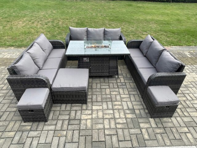 Rackhams Rattan Outdoor Garden Furniture 12 Seater Dining Set with Gas Fire Pit Table & Lounge Sofa 3 Footstool - Dark Grey - image 1