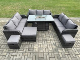 Rackhams Rattan Outdoor Garden Furniture 12 Seater Dining Set with Gas Fire Pit Table & Lounge Sofa 3 Footstool - Dark Grey - thumbnail 4