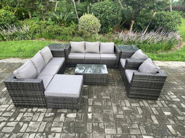Rackhams Outdoor Lounge Sofa Set Wicker PE Rattan Garden Furniture Set with 2 Armchairs Oblong Coffee Table 2 Side Tables Big Footstool Dark Grey Mixed - image 1