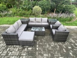 Rackhams Outdoor Lounge Sofa Set Wicker PE Rattan Garden Furniture Set with 2 Armchairs Oblong Coffee Table 2 Side Tables Big Footstool Dark Grey Mixed - thumbnail 1