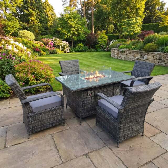 Rackhams 4 Seater Rattan Garden Furniture Set with Gas Fire Pit Dining Table and 4 Dining Chairs - Dark Grey - image 1