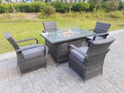 Rackhams 4 Seater Rattan Garden Furniture Set with Gas Fire Pit Dining Table and 4 Dining Chairs - Dark Grey - thumbnail 2