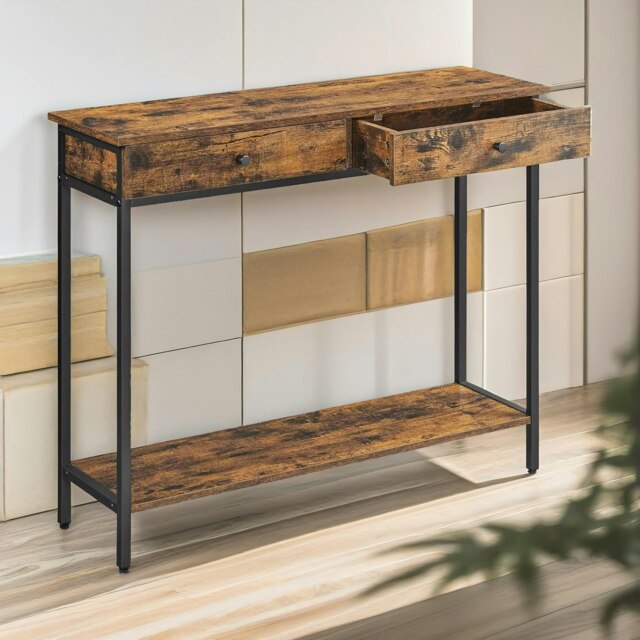 Rackhams 2 Tier Hallway Slim Console Table With 2 Drawers Rustic Brown - image 1