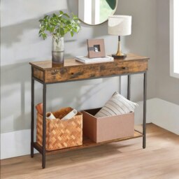Rackhams 2 Tier Hallway Slim Console Table With 2 Drawers Rustic Brown - thumbnail 3
