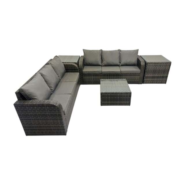 Rackhams Rattan Garden Outdoor Furniture Set 3 Seater Sofa Square Coffee Table Set with 2 Side Tables Dark Grey Mixed - image 1