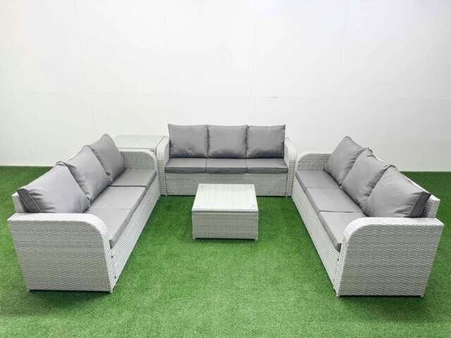 Rackhams PE Rattan Lounge Sofa Set 9 Seater Outdoor Garden Furniture Set with Square Coffee Table 3 Seater Sofa Side Table Light Grey - image 1