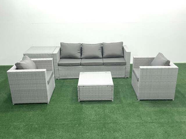 Rackhams 5 Seater Rattan Garden Furniture Set with 3 Seater Sofa 2 Chair Square Coffee Table Side Table Light Grey Mixed - image 1