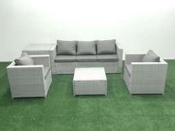 Rackhams 5 Seater Rattan Garden Furniture Set with 3 Seater Sofa 2 Chair Square Coffee Table Side Table Light Grey Mixed - thumbnail 1