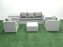 Rackhams 5 Seater Rattan Garden Furniture Set with 3 Seater Sofa 2 Chair Square Coffee Table Side Table Light Grey Mixed - thumbnail 2