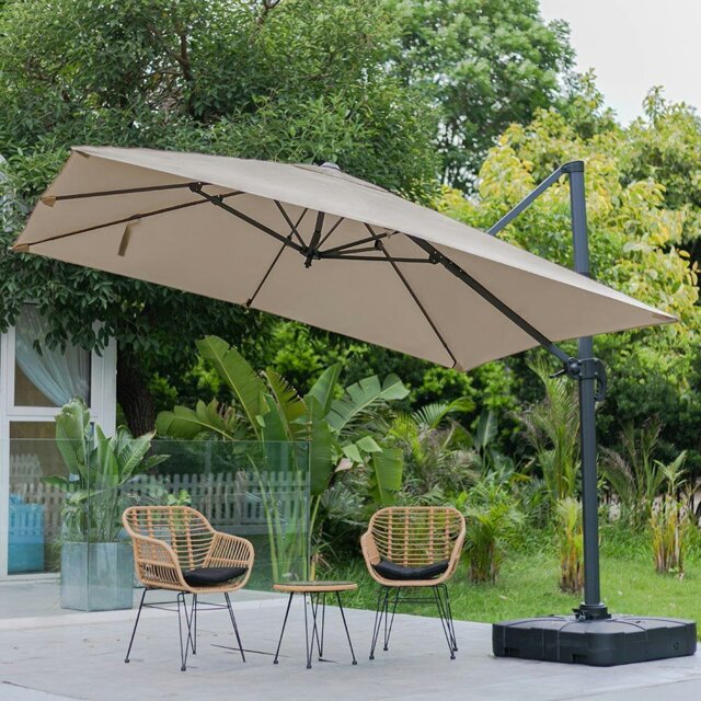 Rackhams 3 x 3 m Square Cantilever Parasol Light Grey Outdoor Hanging Umbrella for Garden and Patio - Parasol + Cross Base + Square Water Tank - Khaki - image 1