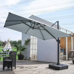 Rackhams 3 x 3 m Square Cantilever Parasol Light Grey Outdoor Hanging Umbrella for Garden and Patio - Parasol + Cross Base + Square Water Tank - Khaki - thumbnail 3