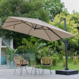 Rackhams 3 x 3 m Square Cantilever Parasol Light Grey Outdoor Hanging Umbrella for Garden and Patio - Parasol + Cross Base + Square Water Tank - Khaki - thumbnail 1