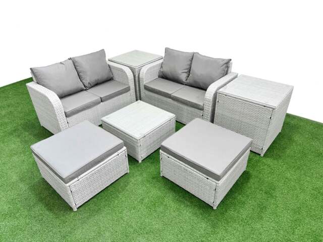 Rackhams 6 Seater Outdoor Love Sofa Set Rattan Garden Furniture Set with Square Coffee Table 2 Footstool 2 Side Tables Light Grey - image 1