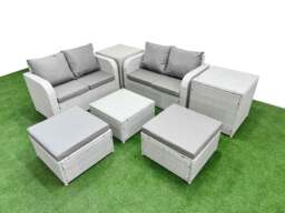 Rackhams 6 Seater Outdoor Love Sofa Set Rattan Garden Furniture Set with Square Coffee Table 2 Footstool 2 Side Tables Light Grey - thumbnail 1