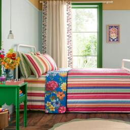 Rackhams Darling Floral Reversible Stripe Bedspread Bright - Bright - 240 x 260 cm - thumbnail 1
