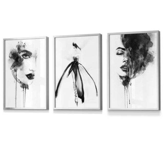 Rackhams Set of 3 Framed Fashion Wall Art Prints from Watercolour Illustrations - 42x59cm (A2) - Silver - image 1