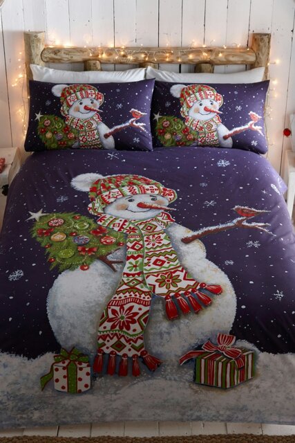Rackhams Happy Snowman Duvet Cover and Pillowcase - Blue - Double