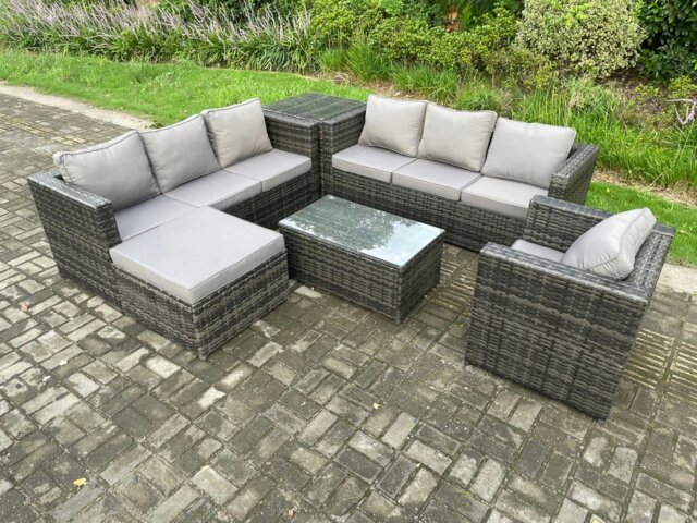 Rackhams Wicker PE Rattan Sofa Set Outdoor Patio Garden Furniture with Armchair Oblong Coffee Table Side Table Big Footstool Dark Grey Mixed - image 1