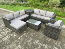 Rackhams Wicker PE Rattan Sofa Set Outdoor Patio Garden Furniture with Armchair Oblong Coffee Table Side Table Big Footstool Dark Grey Mixed - thumbnail 2